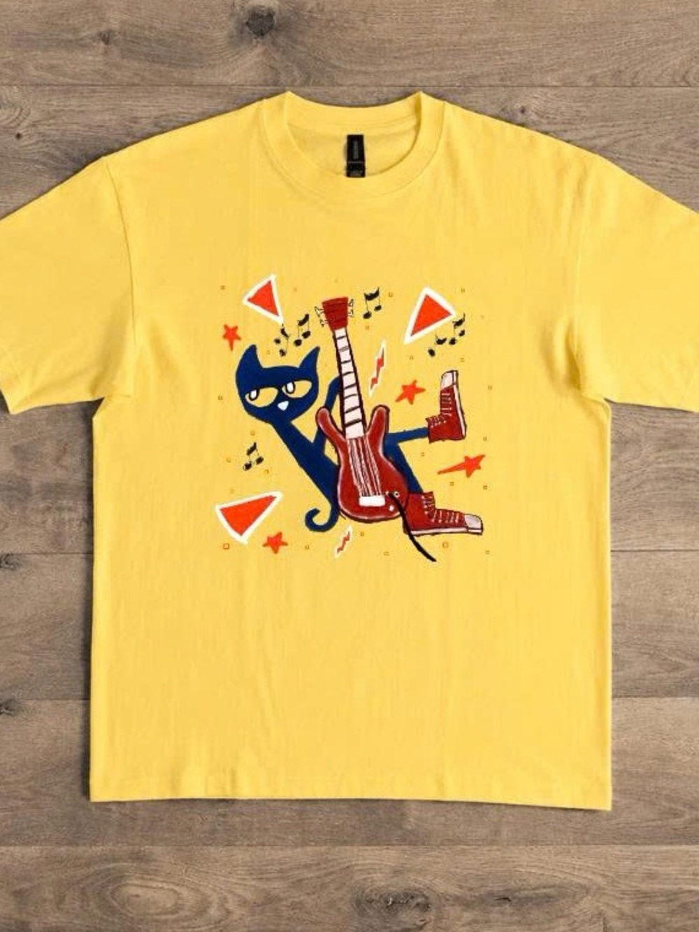 Gildan Yellow Short-Sleeve Tee with Navy Cat and Red Guitar Graphic